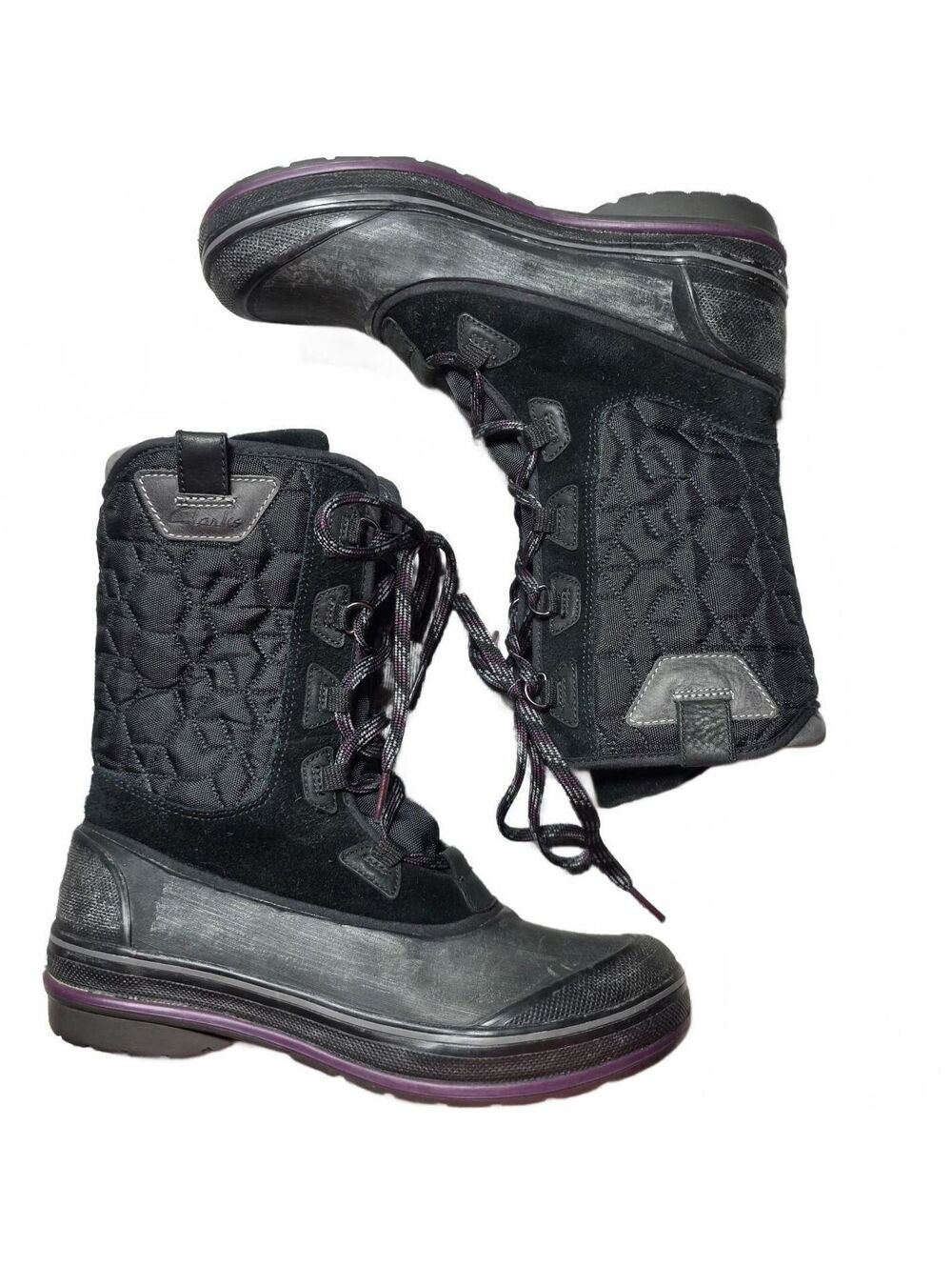 Wmn's 8 - Clarks black quilted winter boots with purple lining